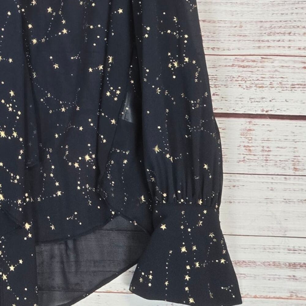 Judith March Navy Blue Gold Star Blouse M Tie Sash Puff Sleeve Flare French Cuff - Picture 4 of 12